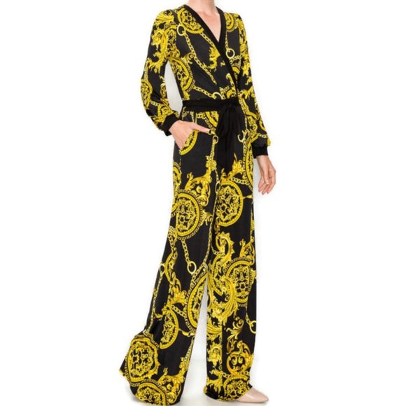 Janette Fashion Black Gold Chain Bell Long Sleeve V-neck Jumpsuit - Picture 4 of 4